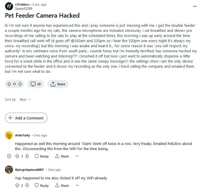 SNHACK Attack: How Hackers Could Turn Your Smart Pet Feeder into an All-You-Can-Eat Buffet 29 REDDIT Pet Feeder Camera Hacked r Petlibro - smallpng